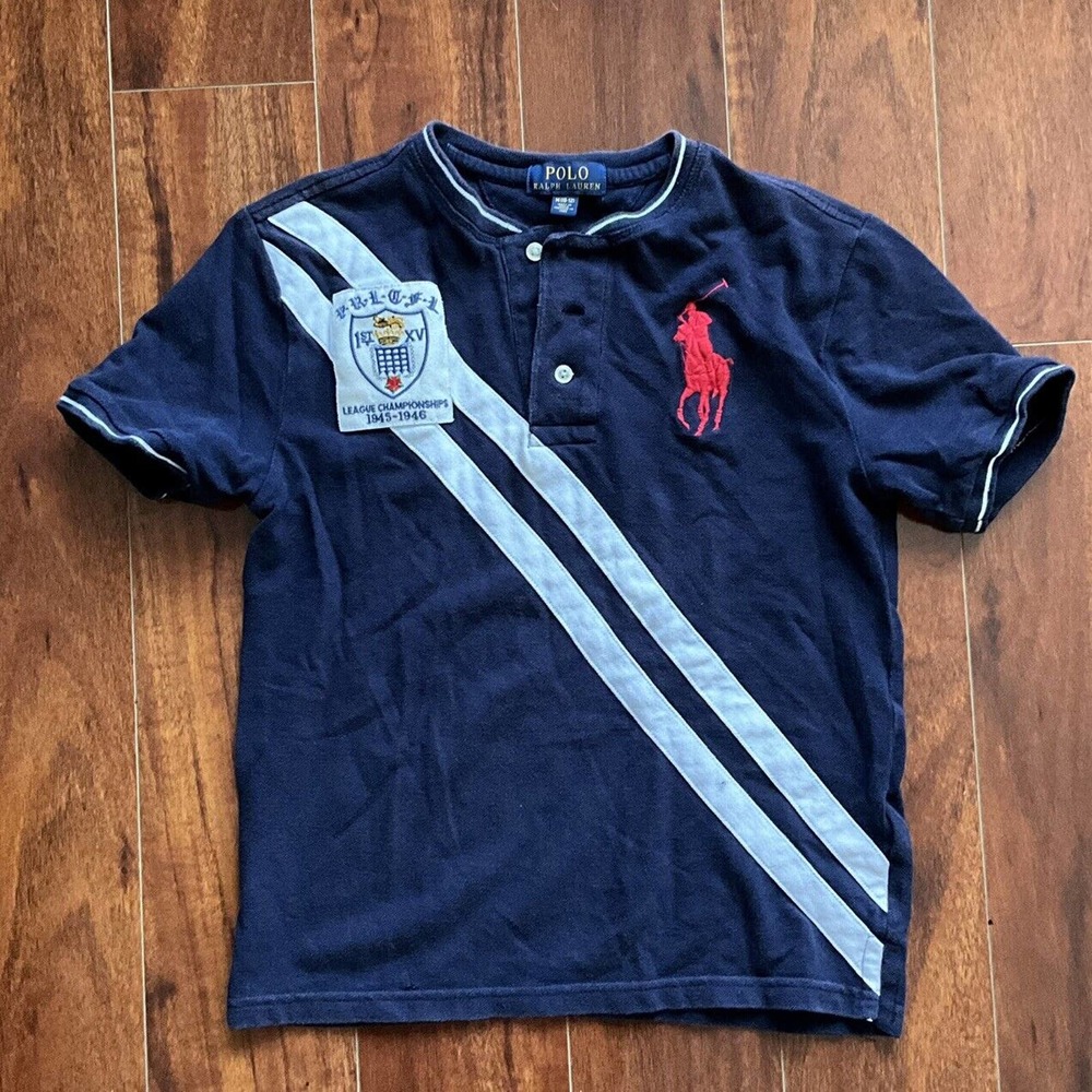 Polo Ralph Lauren Boys Polo Shirt Med 10 - 12 Cotton Henley White Blue
